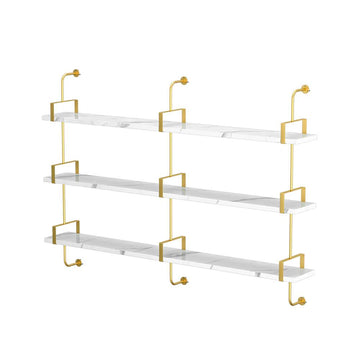 3-Tier Modern Wall Mounted Shelves Long Floating Shelving in White & Gold